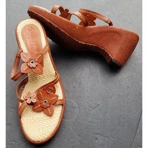 Gianni Bini Sandals 8.5  Cork Wedge Brown Floral Flower Rivets Shoes